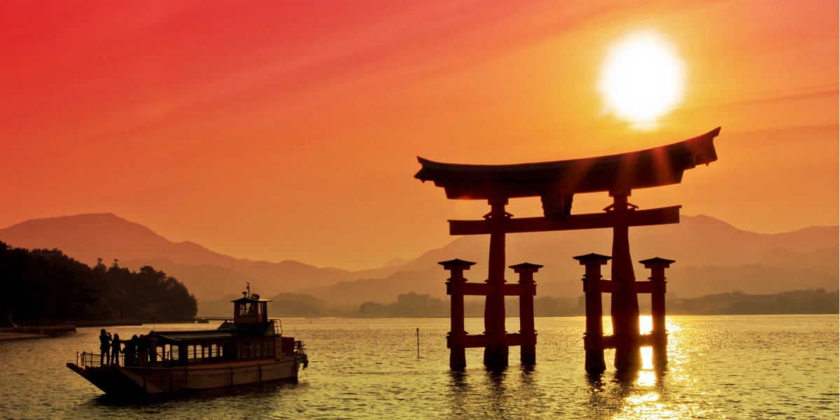 The floating torii gate of Miyajima at sunset